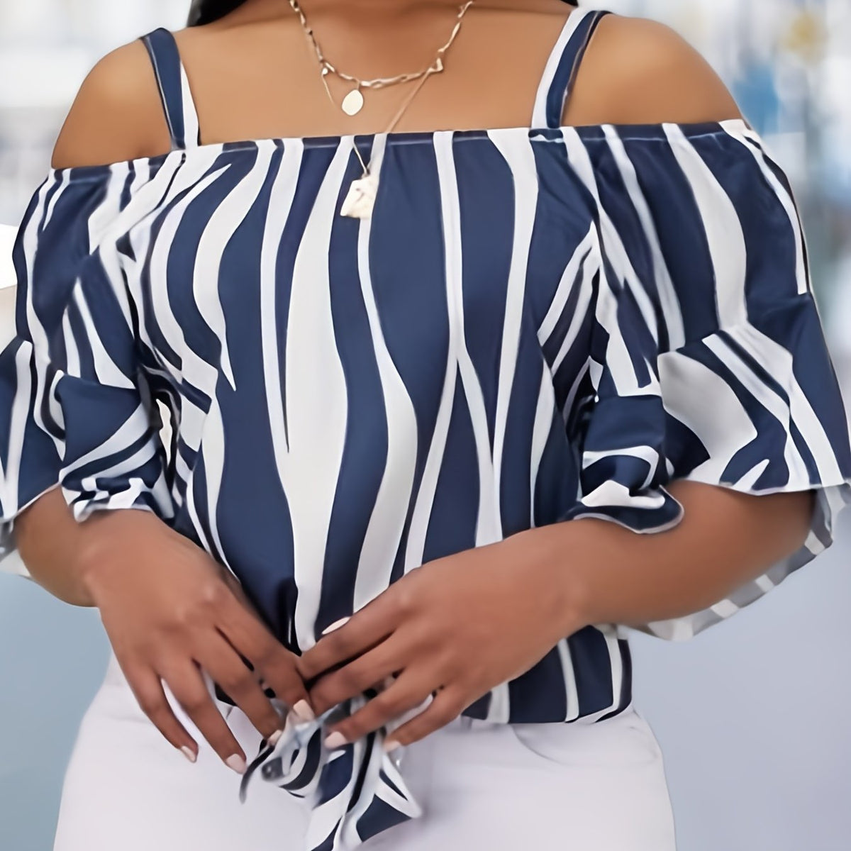  Stripe Print Ruffle Trim Cold Shoulder Knot Front Top
