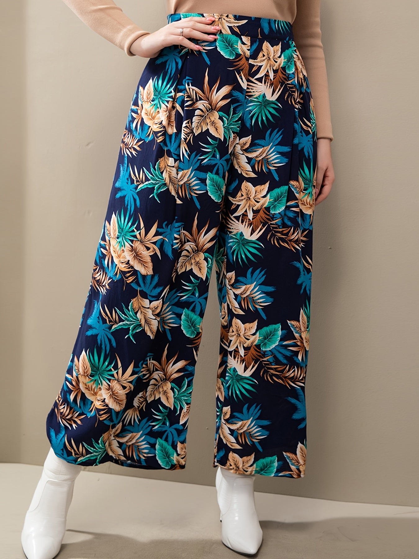 Floral Wide Leg Boot Cut Pants - Plus Size