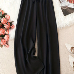 Women's Plus Solid Ruffle Trim Drawstring Elastic Wide Leg Trousers