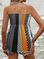 Colorblock Shirred Tube Top Geometric Print Sleeveless Top