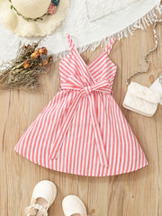 Girls Striped V-Neck Dress With Belt