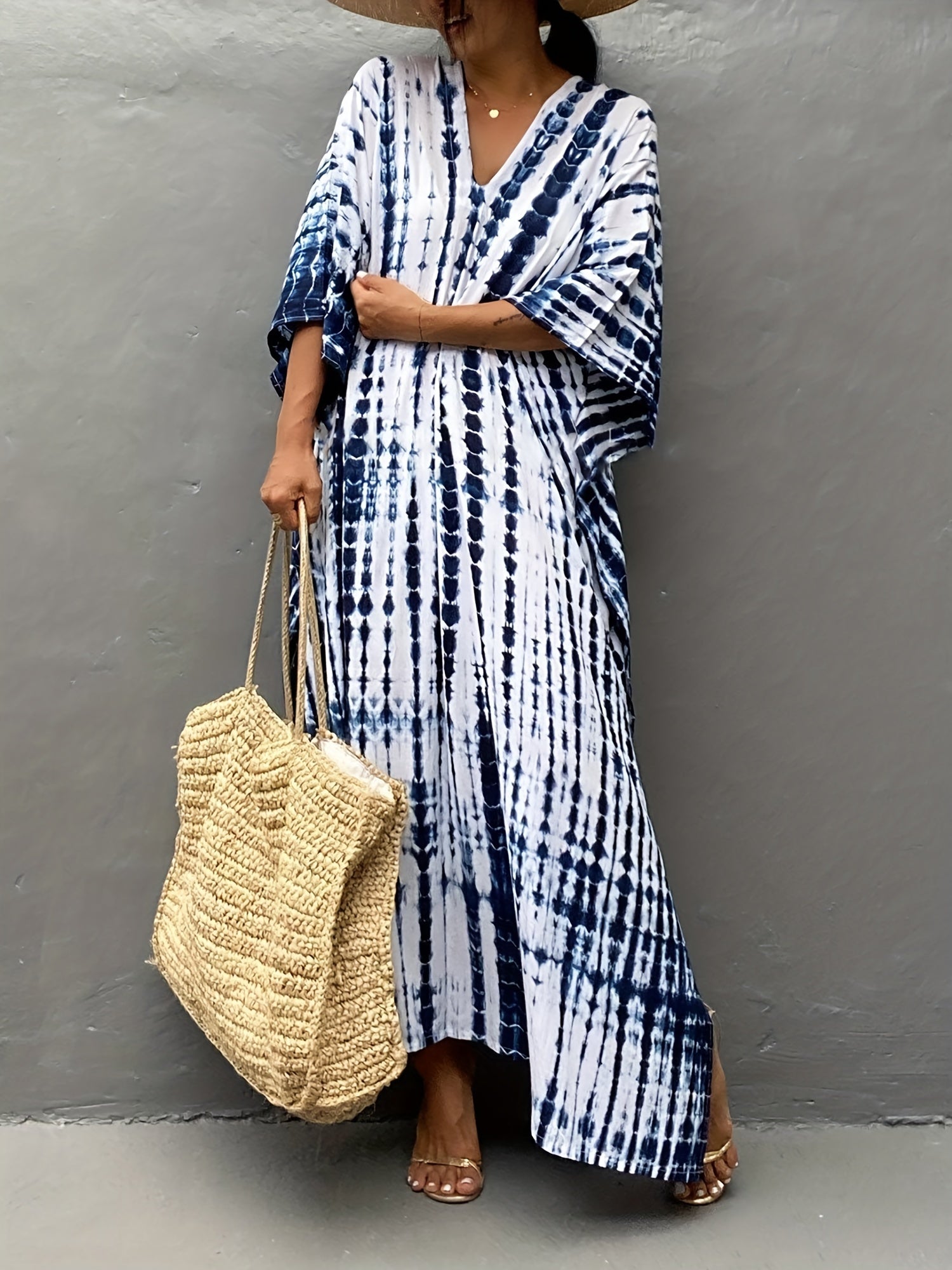  Boho Cover Up Tie Dye Striped Batwing Sleeve V Neck Dress