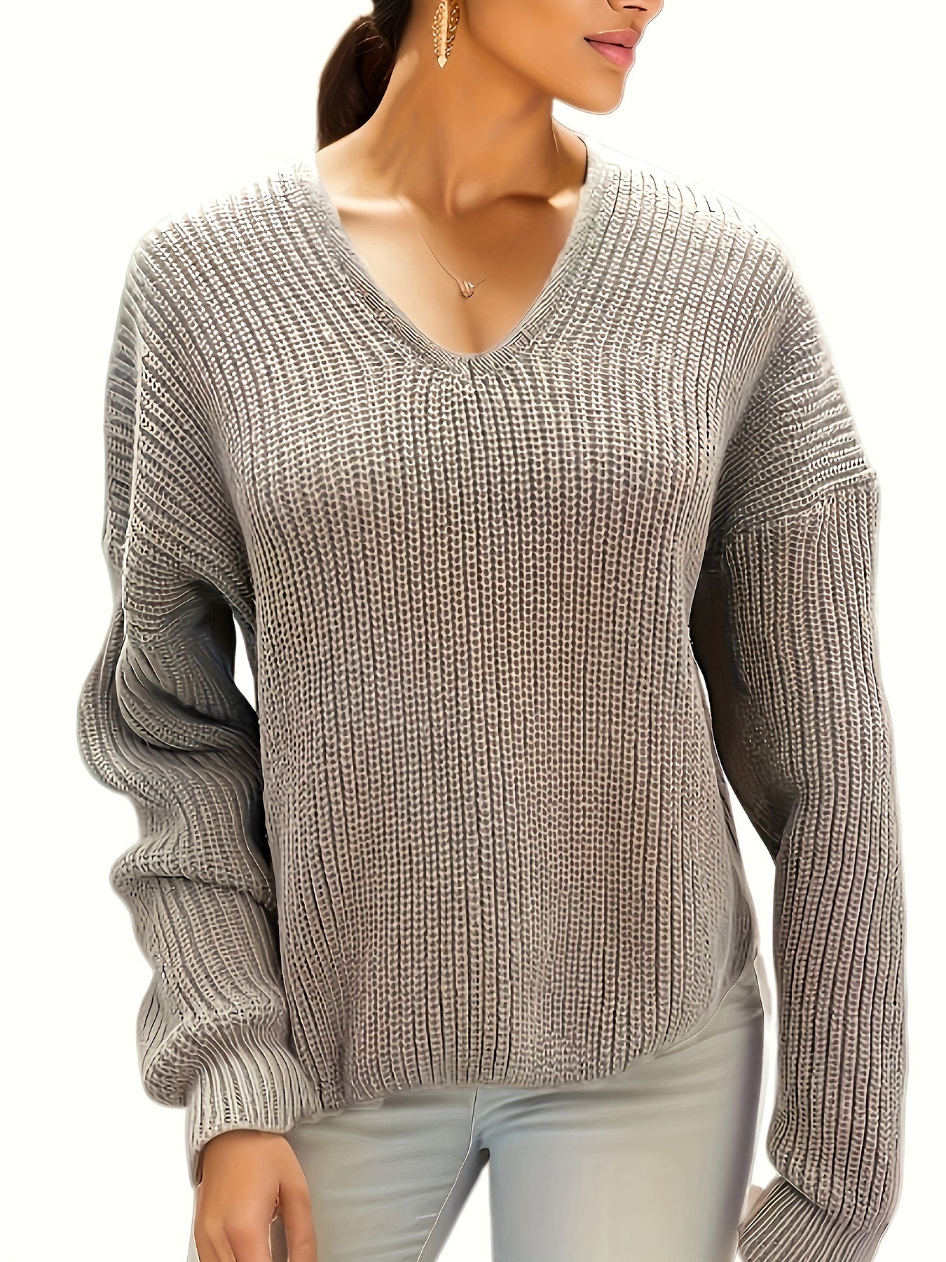 Solid V Neck Long Sleeve Knitted Sweater for Women