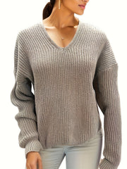 Solid V Neck Long Sleeve Knitted Sweater for Women