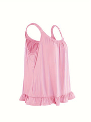  Casual Cami Top Women's Plus Solid Elastic Round Neck Ruffle Trim