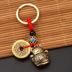 Pure Brass Lucky Cat Pixiu Horse Keychain