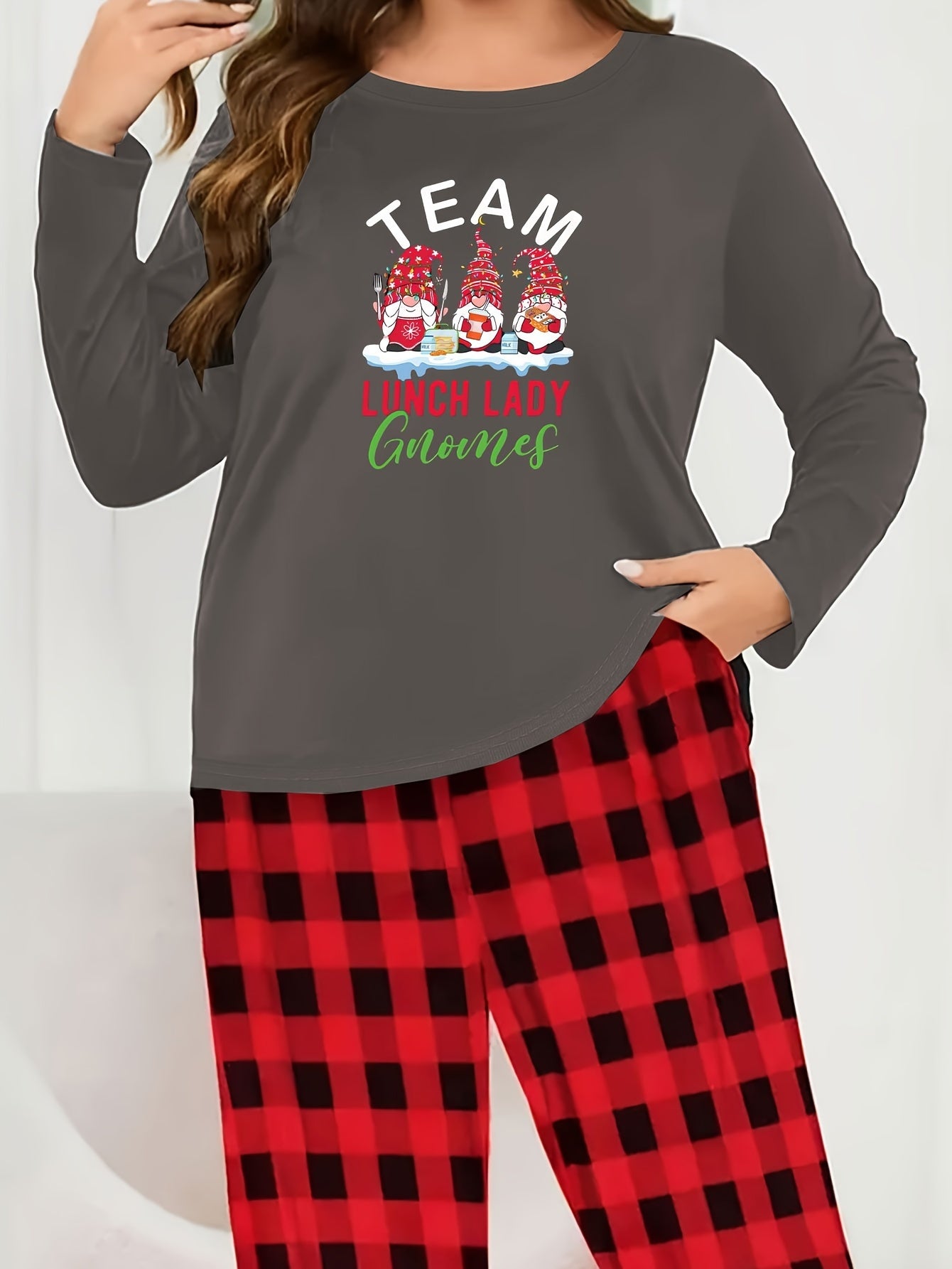  Funny Dwarf & Art Print Tee & Plaid Pants Pajamas Set