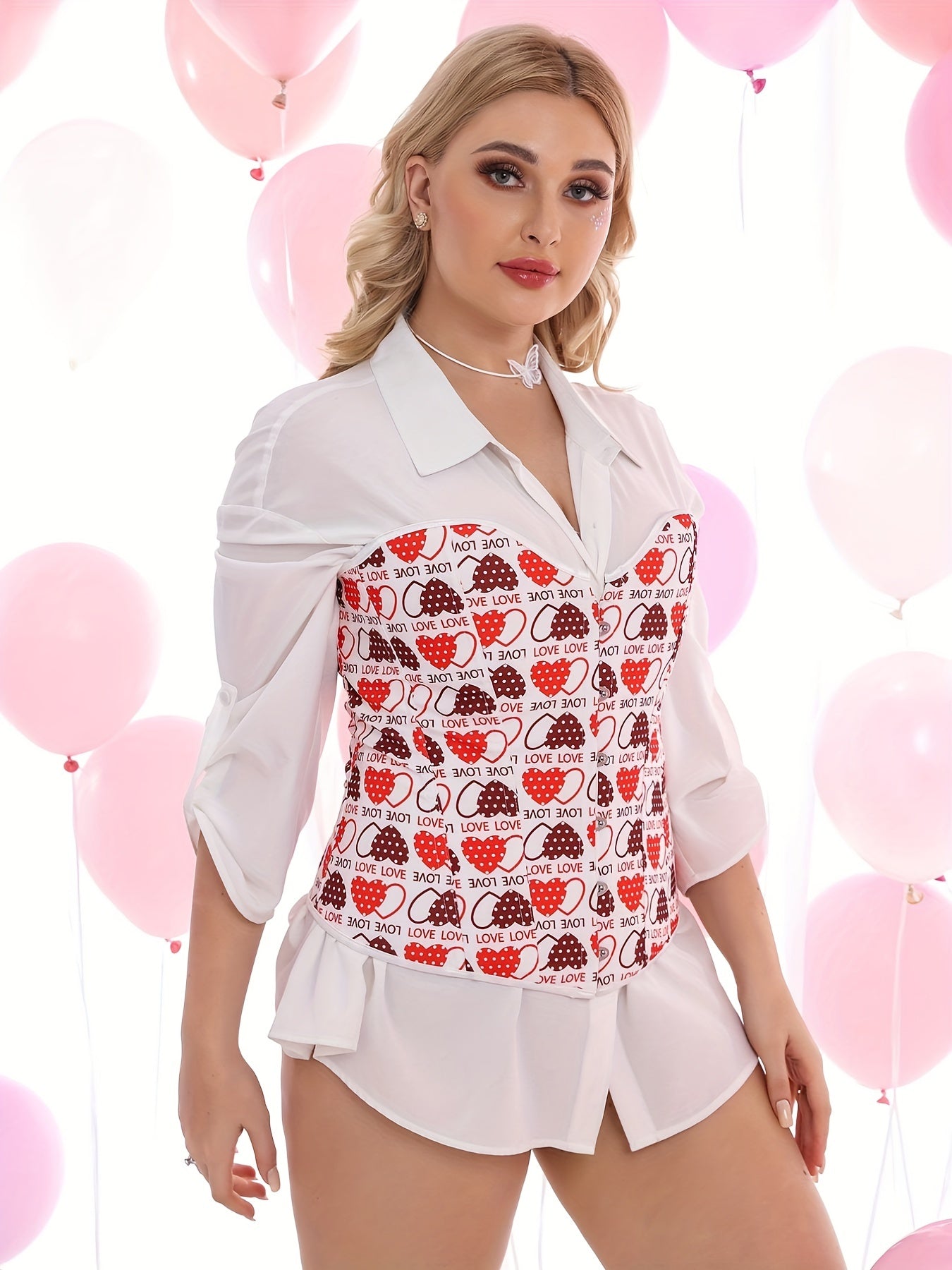  Heart Print Corset - Lace Up Push Up Body Shaper