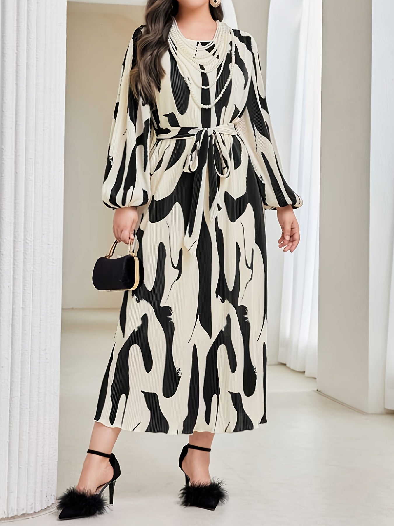  Casual Dress Women's Plus Random Print Lantern Sleeve Maxi Dress