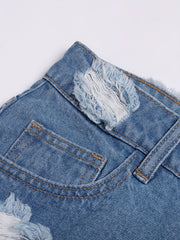 Sexy Denim Shorts Plus Size Ripped Fringe Trim Button Fly Pockets
