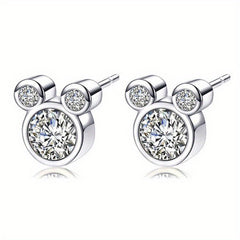 925 Silver Mouse Zircon Stud Earrings for Women Girls