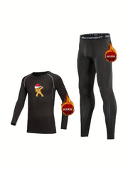 Kids Gingerbread Print Compression Base Set Warm Fleece Lined Tops & Leggings
