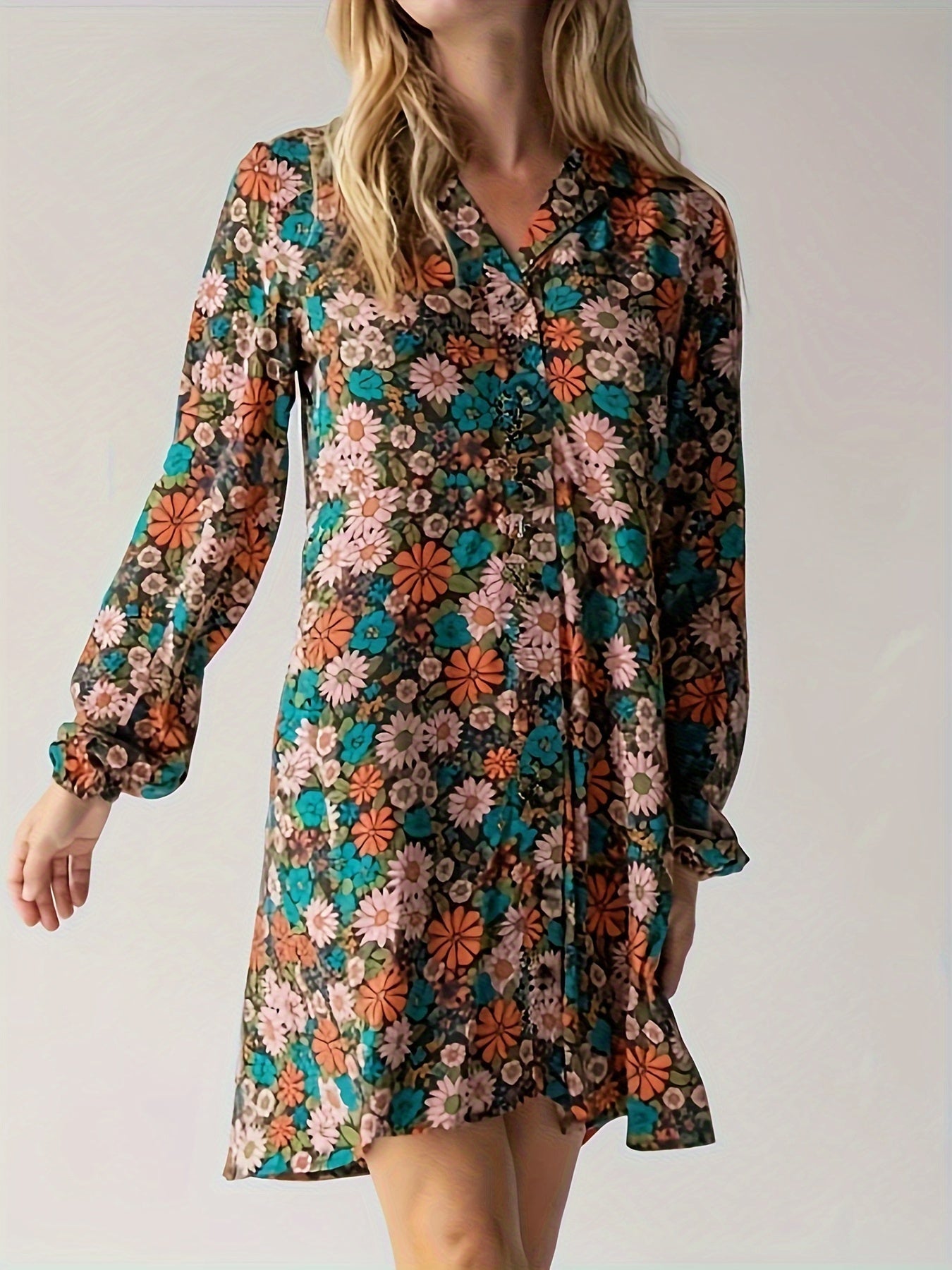 Floral Print Long Sleeve Dress