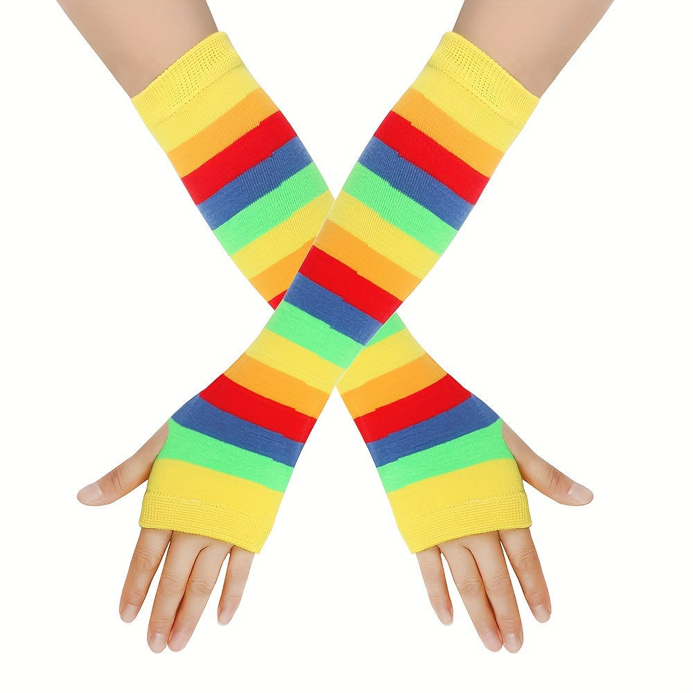 Rainbow Knitted Fingerless Gloves for Winter Outdoor Activities