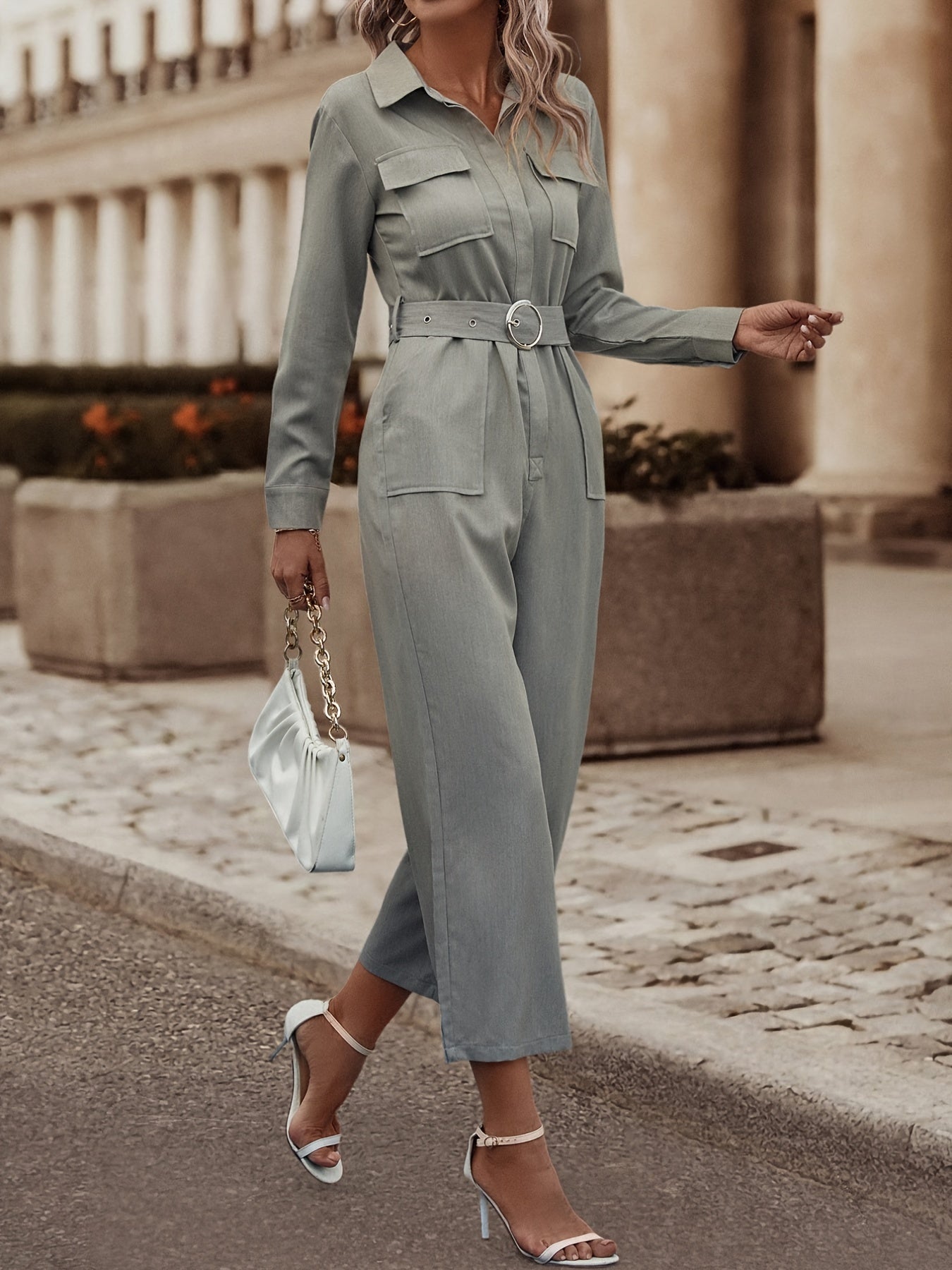 Y2K Belted Cargo Jumpsuit Tunic Long Sleeve Romper