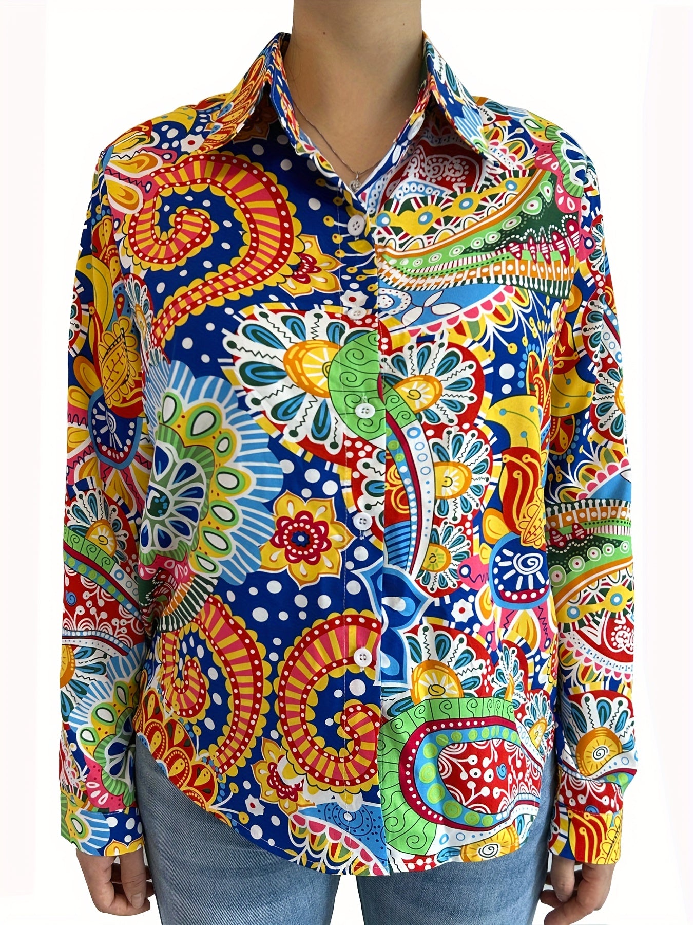  Boho Blouse Women's Floral Print Button Up Long Sleeve