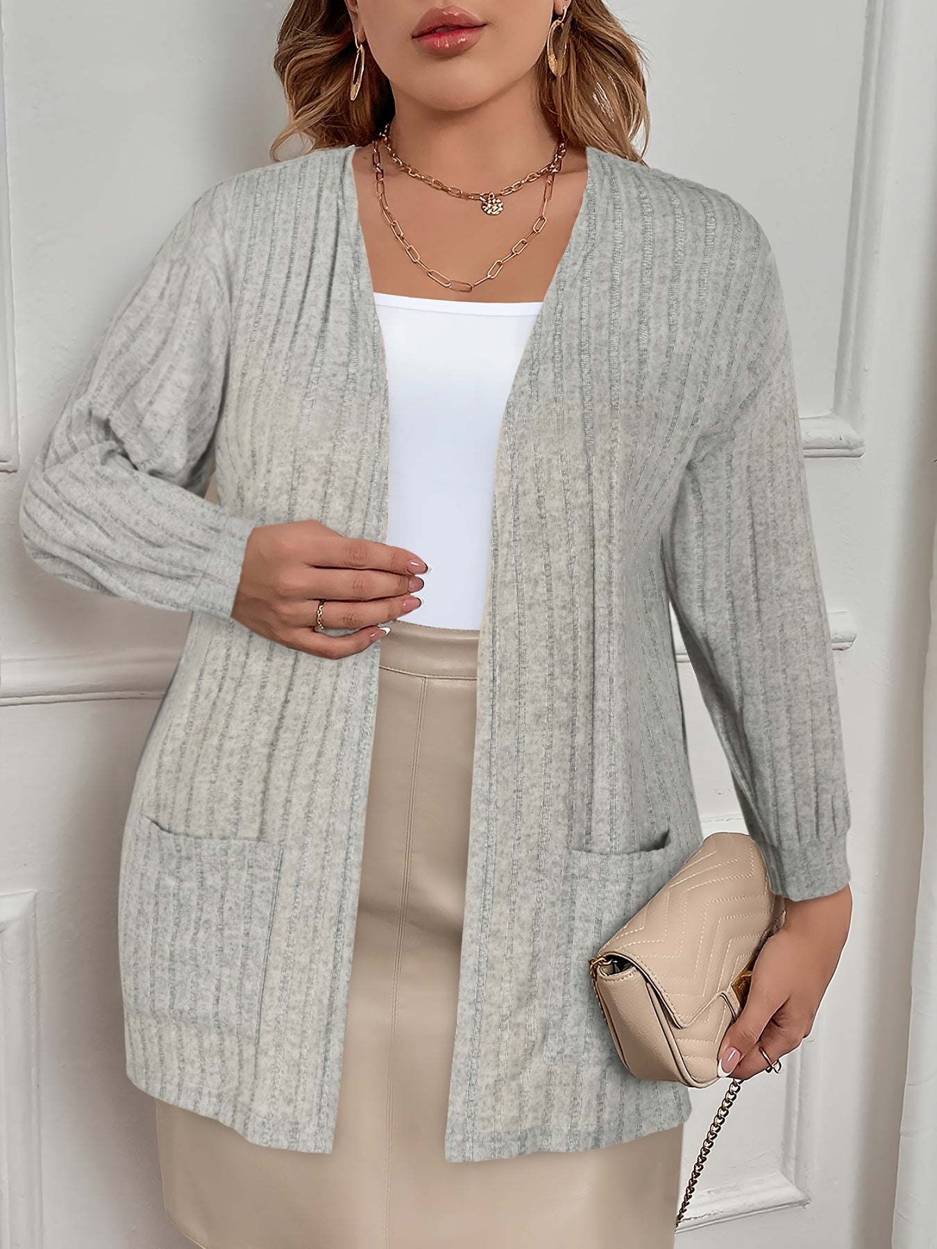  Solid Ribbed Long Sleeve Open Front Stretch Cardigan