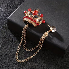 Men's Wedding Crystal Crown Brooch Tassel Chain Lapel Pin Suit Accessory