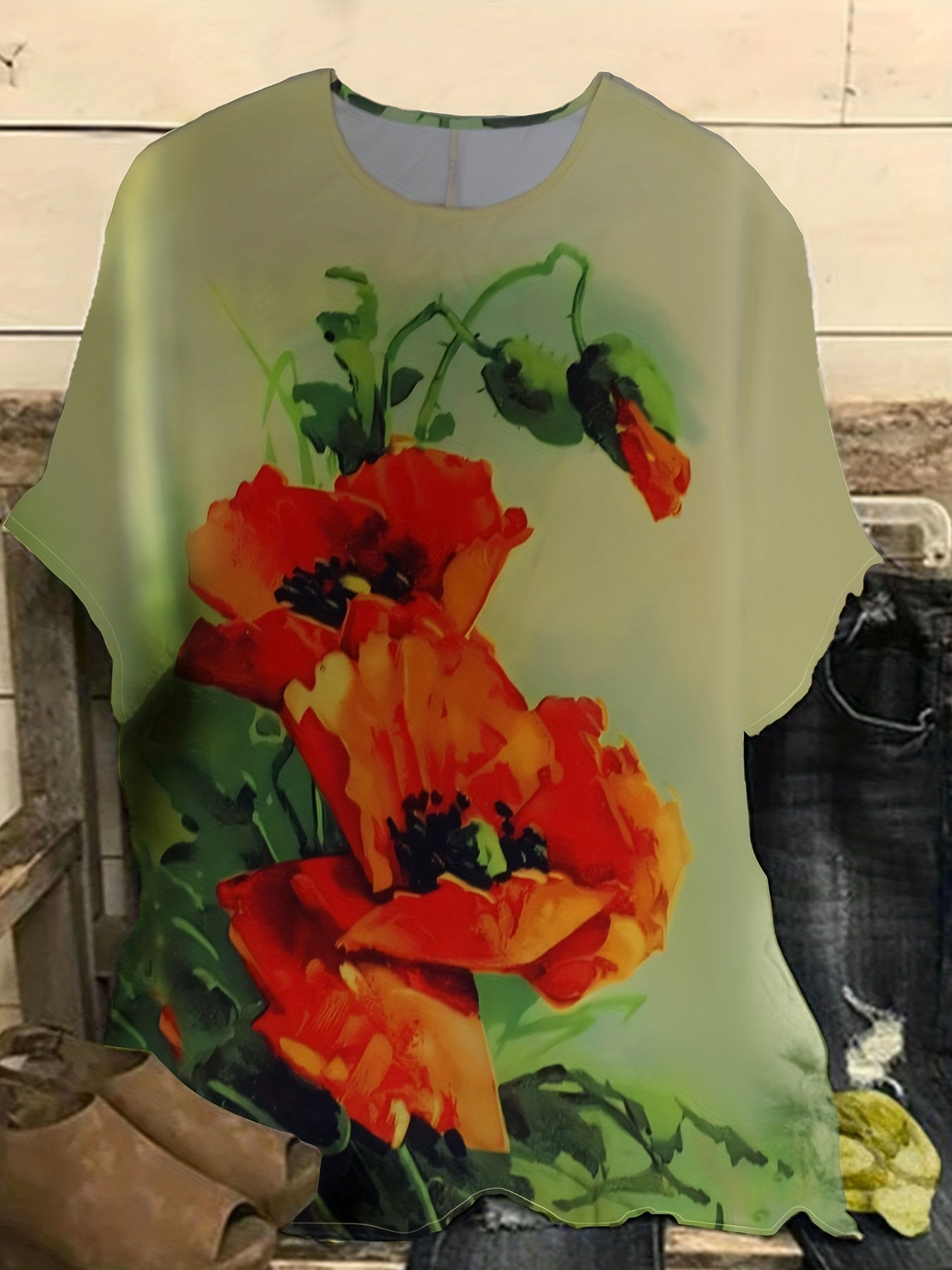  Floral Print Short Sleeve Round Neck T shirt