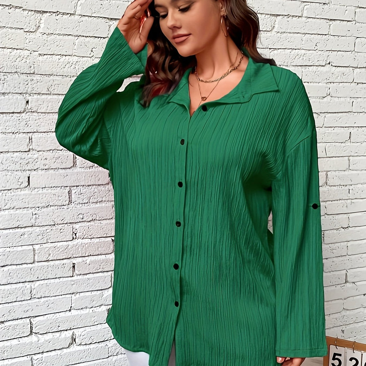  Solid Crinkle Button Up Long Sleeve Blouse