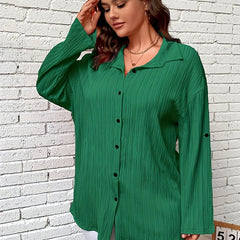  Solid Crinkle Button Up Long Sleeve Blouse