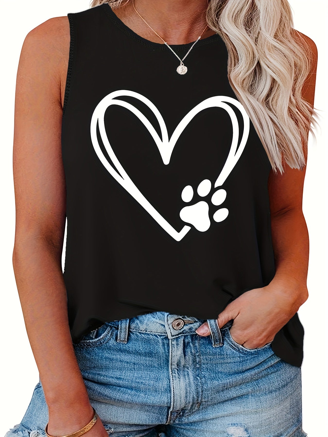  Heart & Paw Print Round Neck Tank Top