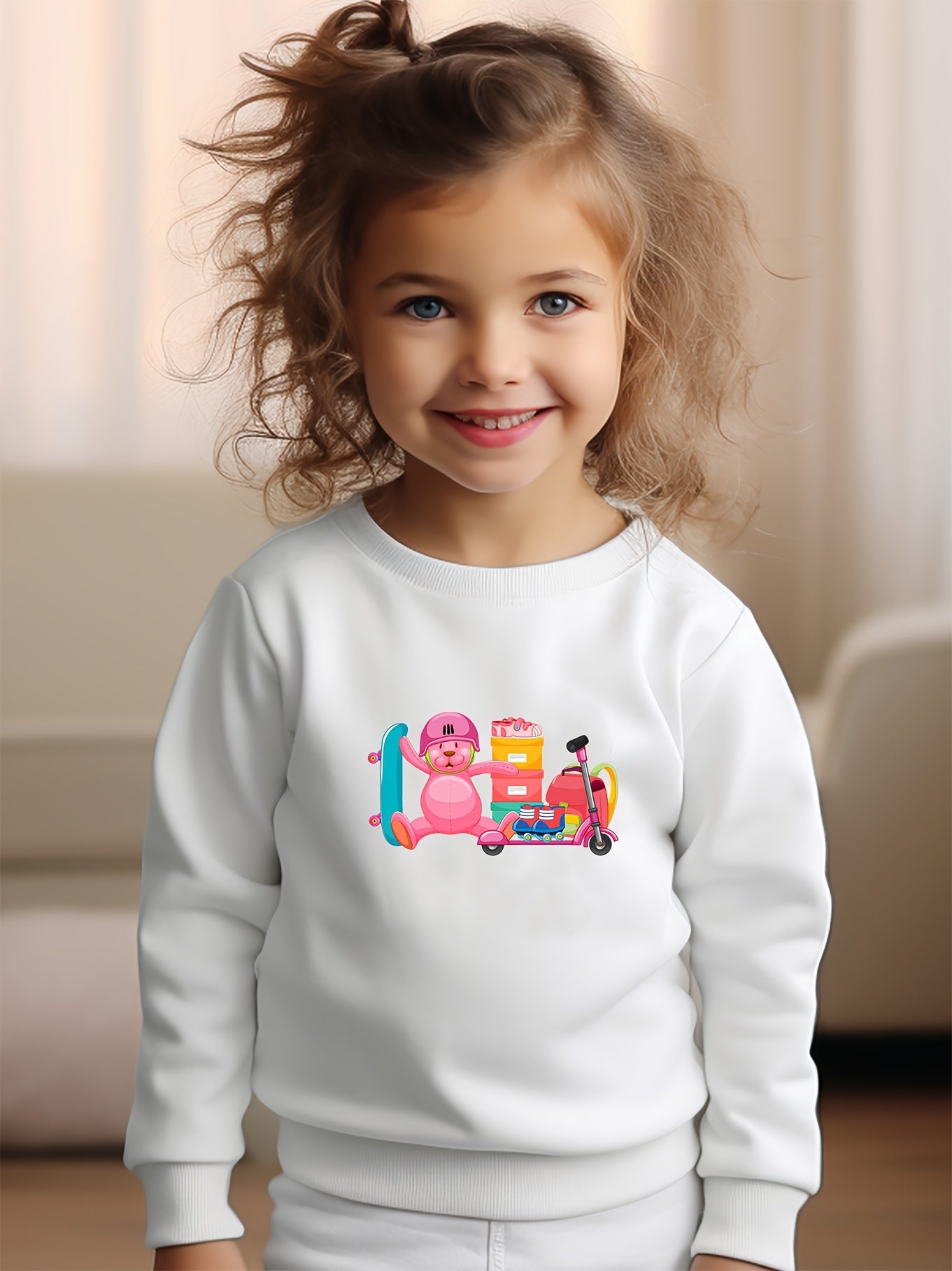 Girls Rabbit Pattern Crew Neck Sweatshirt For Spring Fall Christmas Gift