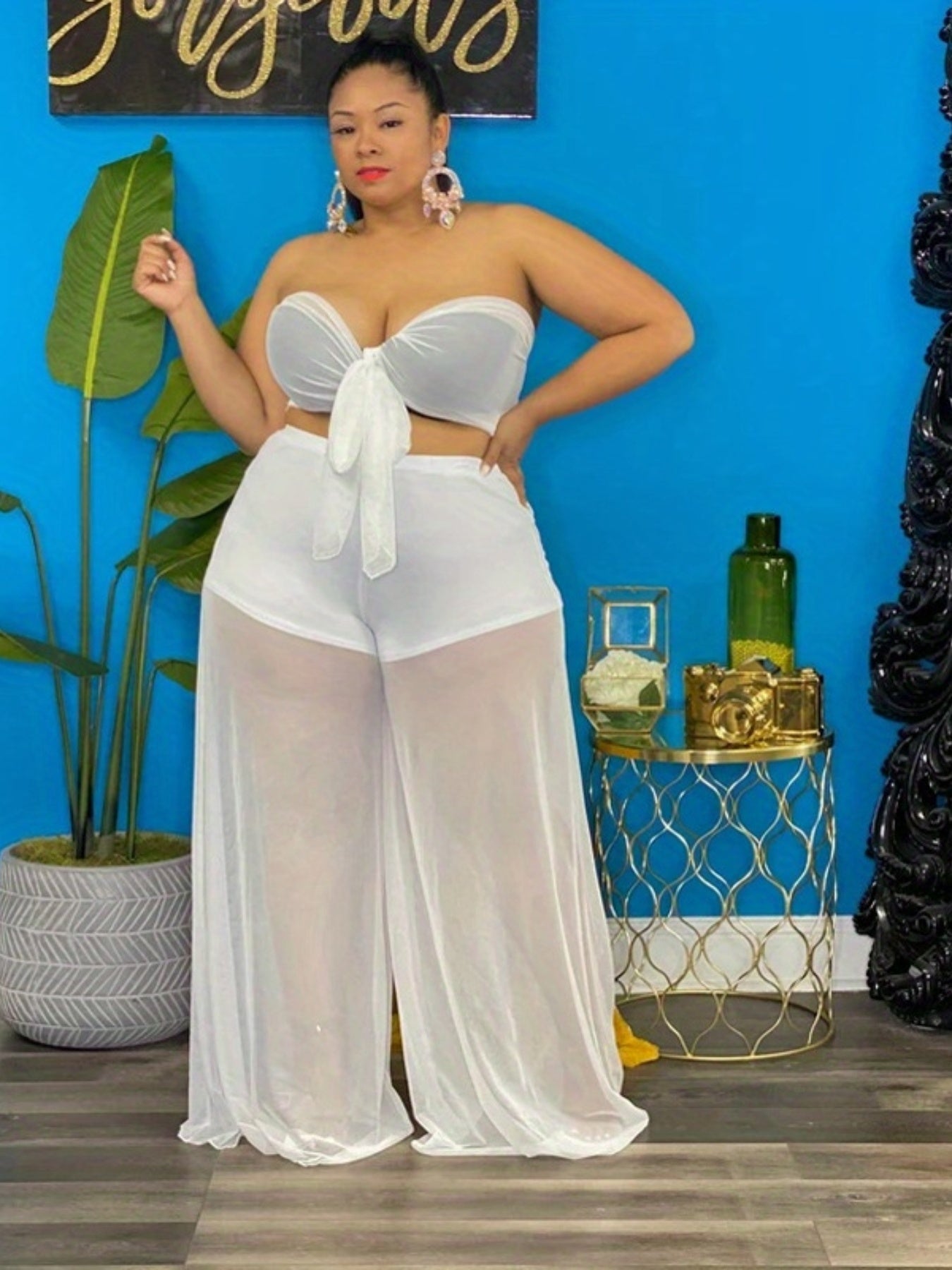  Sexy Outfit: Solid Knot Tube Top & Wide Leg Pants Two Piece Set