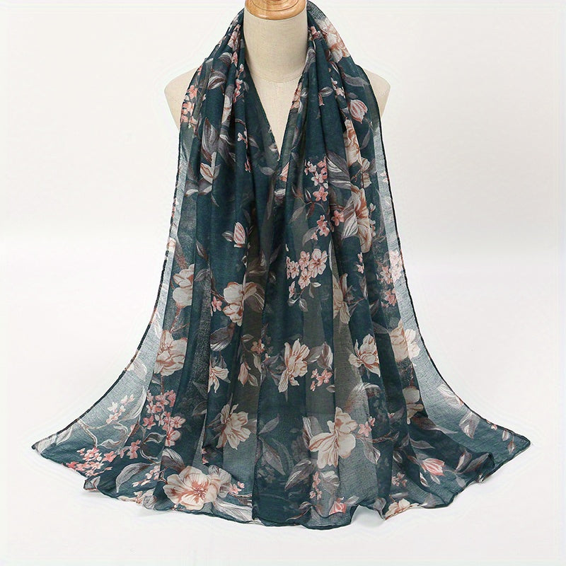 Vintage Voile Flower Print Scarf Classic Windproof Shawl Head Wrap