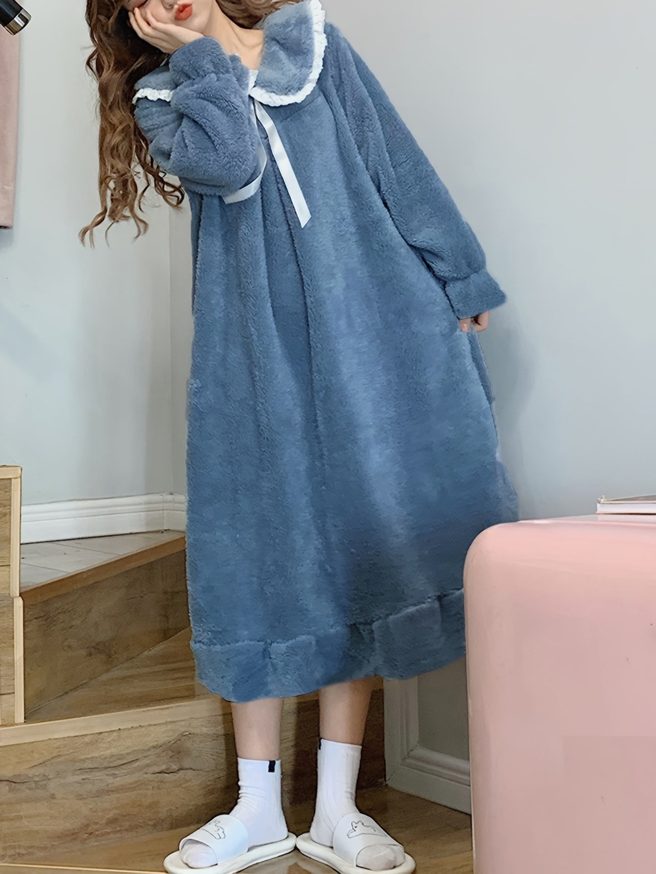 Fuzzy Ruffle NightDress Long Sleeve Bow Pajama Dress Women's Sleepwear