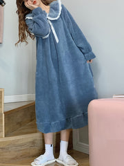 Fuzzy Ruffle NightDress Long Sleeve Bow Pajama Dress Women's Sleepwear