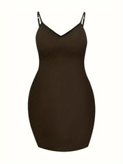  Casual Cami Dress Women's Plus Plain Backless V Neck Slight Stretch
