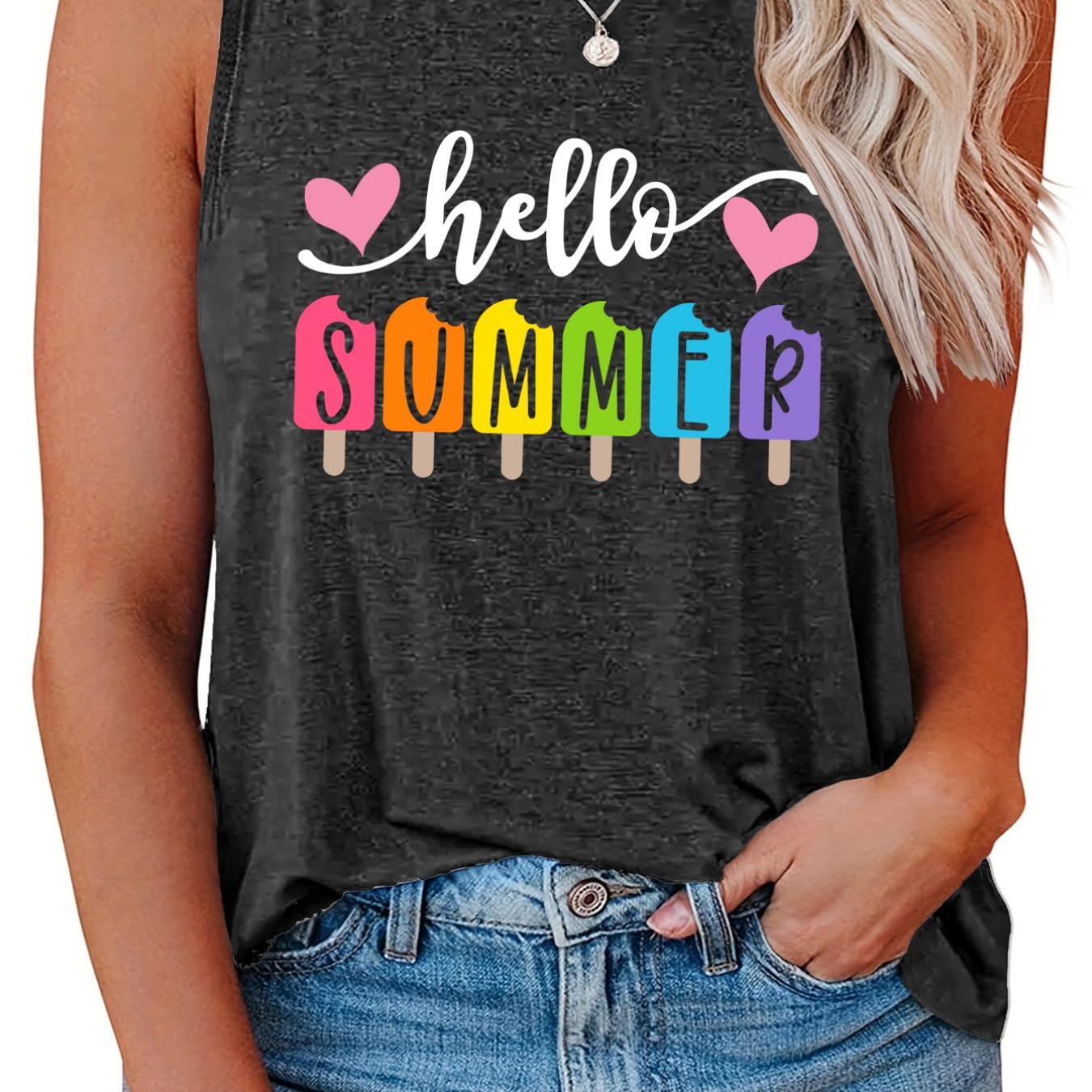  Casual Tank Top Women's Plus Heart & Letter & Ice Cream Print Tank Top