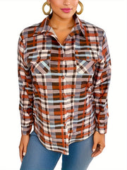  Plaid Print Long Sleeve Button Up Collar Top