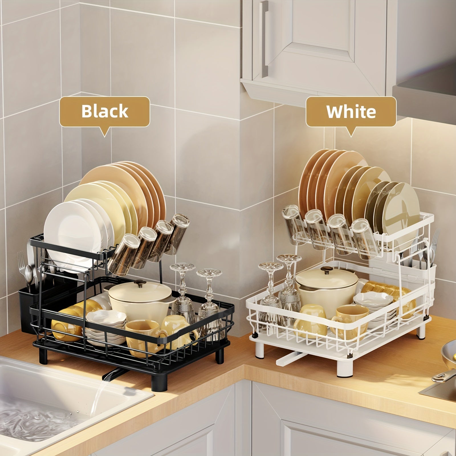 2 Tier Dish Drying Rack with DrainBoard - Large Kitchen Counter Dish Drainer