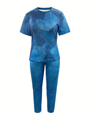  Casual Outfit: Denim Print Top & Leggings Set