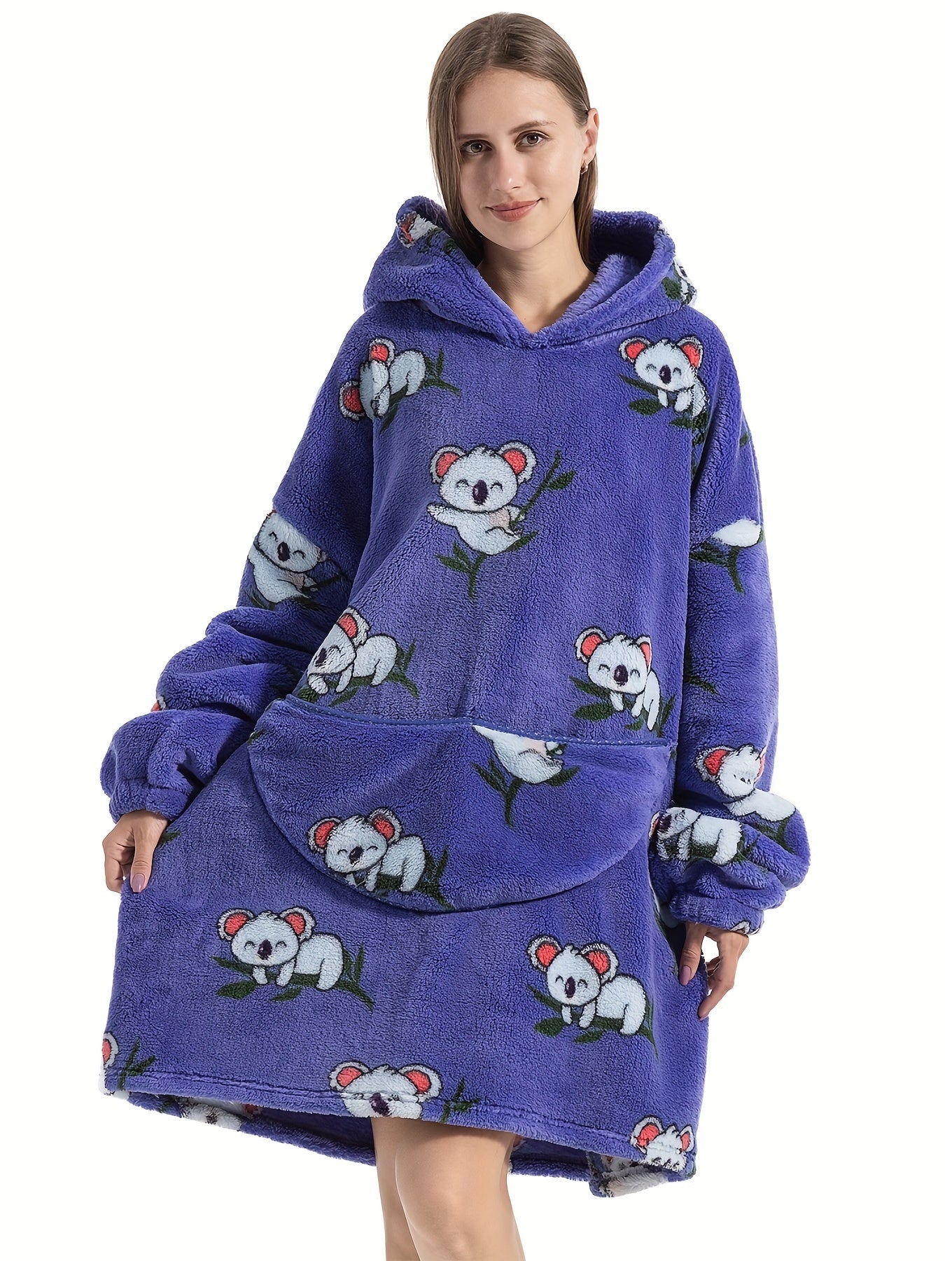  Women's Cartoon Koala Pattern Fleece Hooded Robe