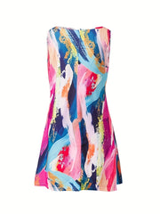  Colorful Brush Print Round Neck Dress