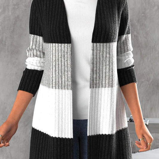  Colorblock Long Sleeve Open Front Cardigan