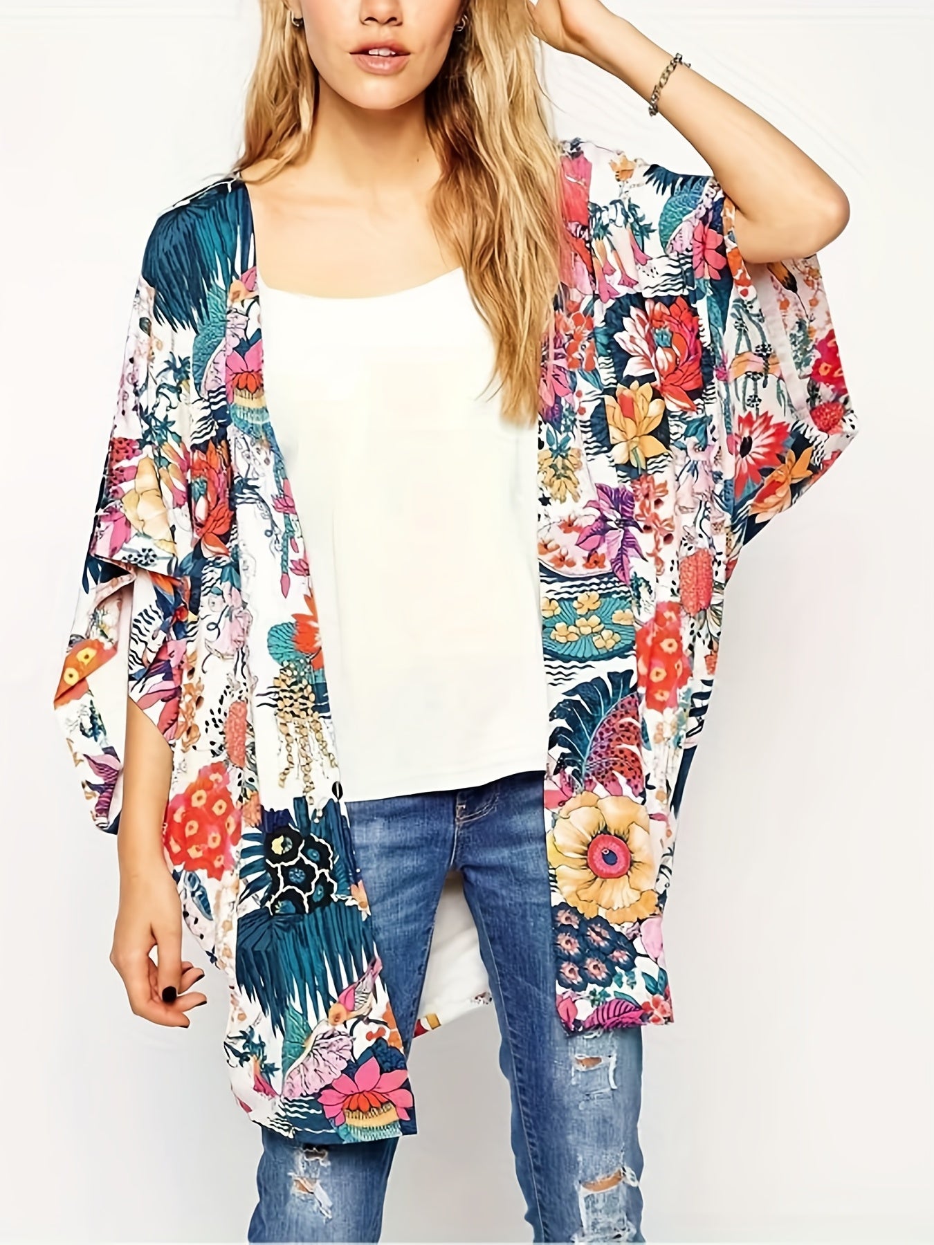 Floral Print Chiffon Kimono Cover Up Soft Loose Beach Cover Up Top