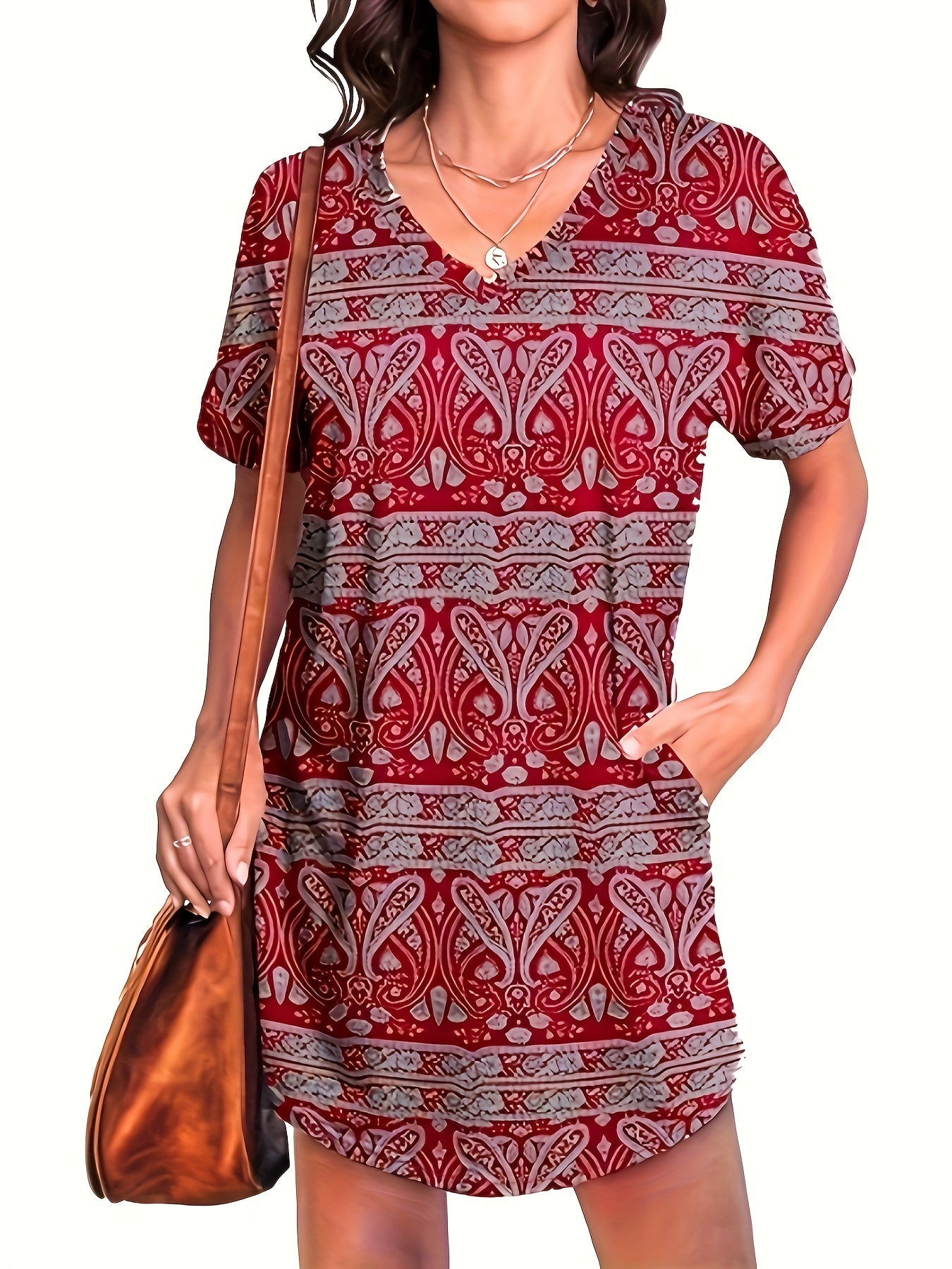  Paisley Print V Neck Tee Dress With Pockets