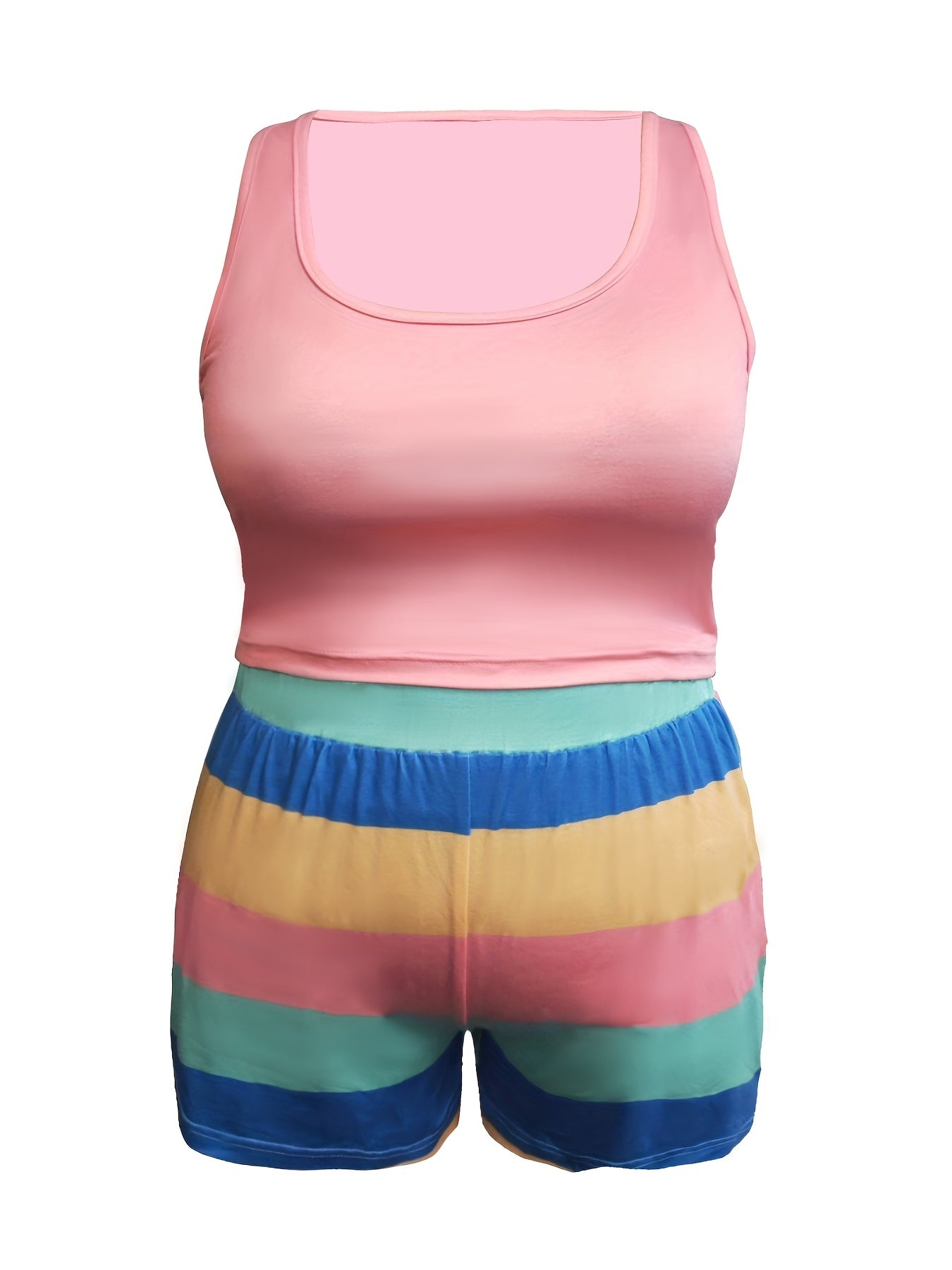  Casual Pajamas Set Women's Plus Tank Top & Striped Shorts Pajama Set