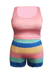  Casual Pajamas Set Women's Plus Tank Top & Striped Shorts Pajama Set