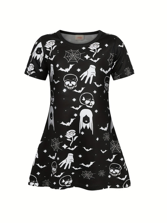 Girls Summer Dress Short Sleeve Mid length Dress Halloween Creative Printing
