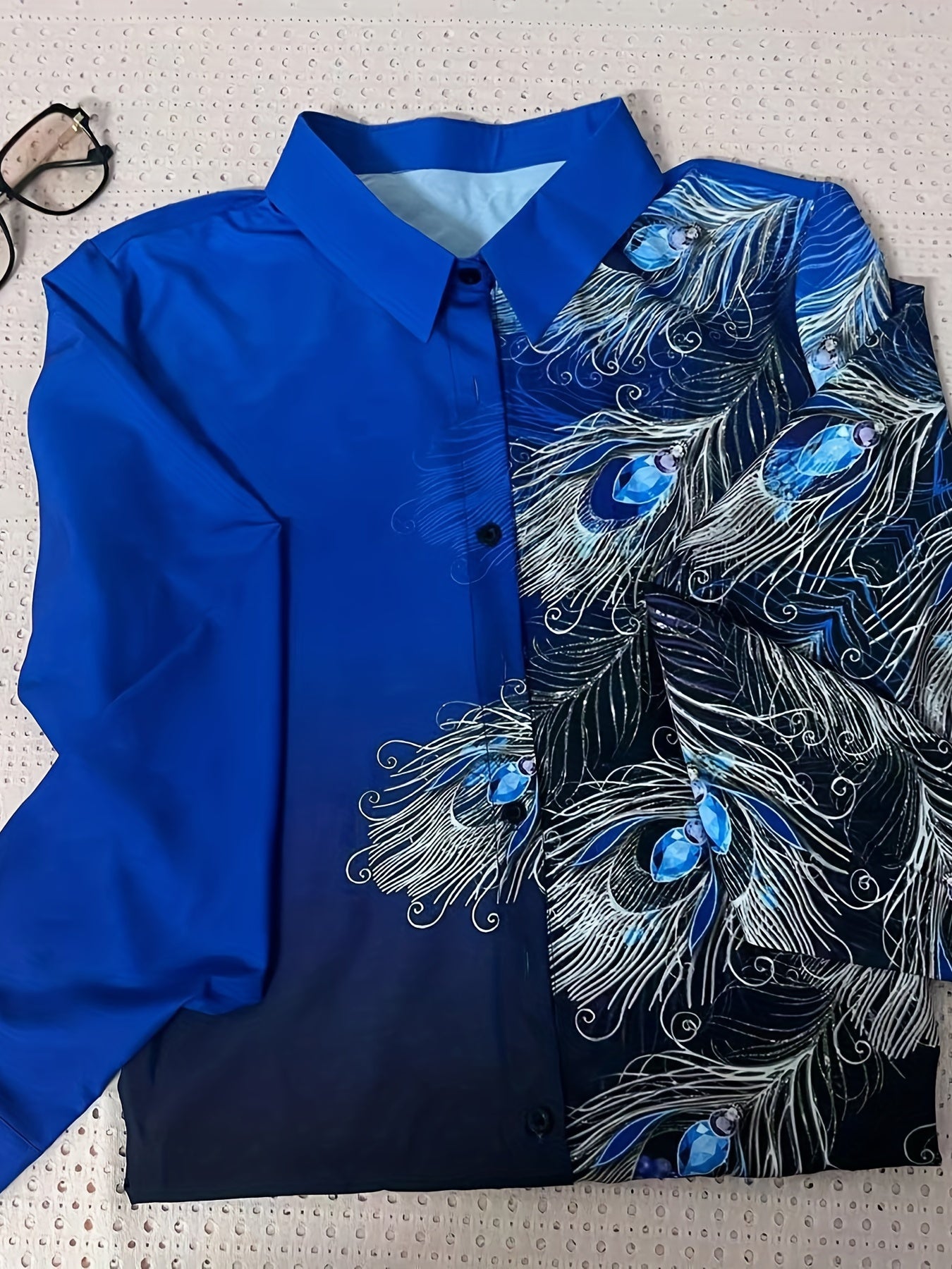  Feather Print Button Up Long Sleeve Blouse
