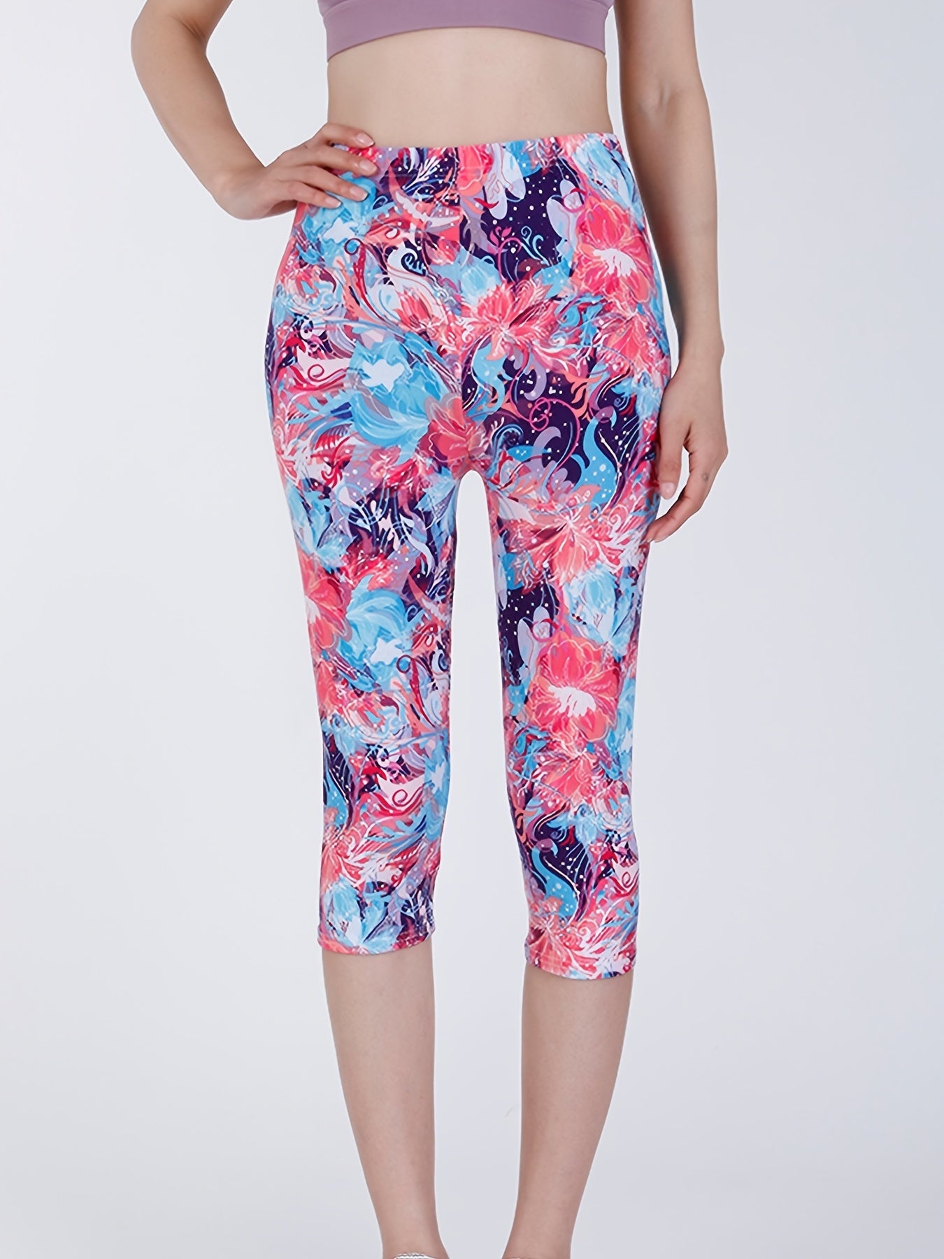 Boho Flower Print Capris Leggings High Waist Elastic Bottoms