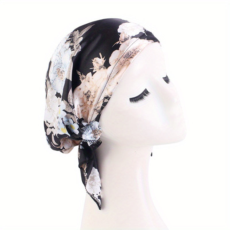 Flower Print Satin Turban Cap for Women Elastic Headwrap Hijab Headband