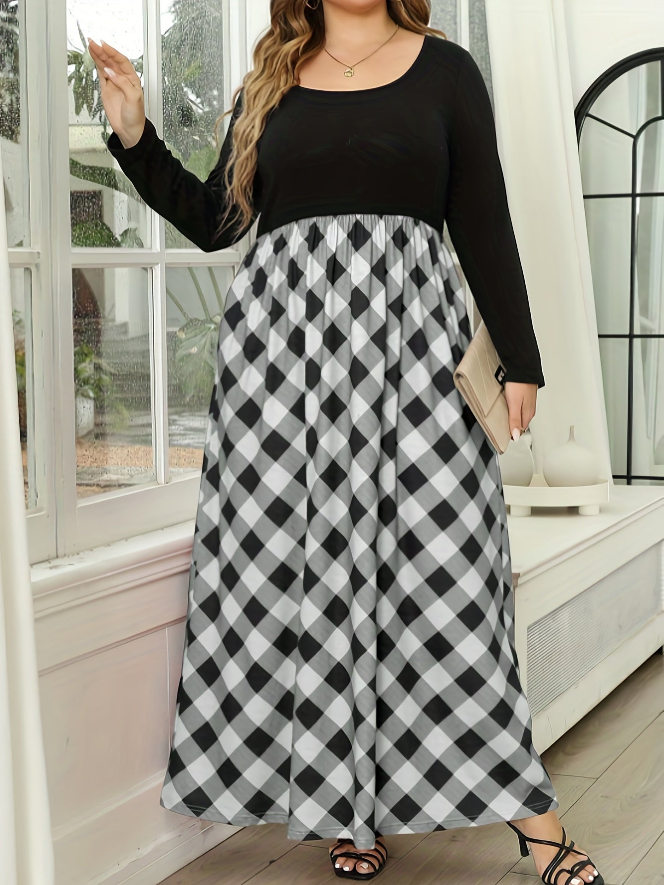  Colorblock Plaid Print Maxi Dress with Pockets