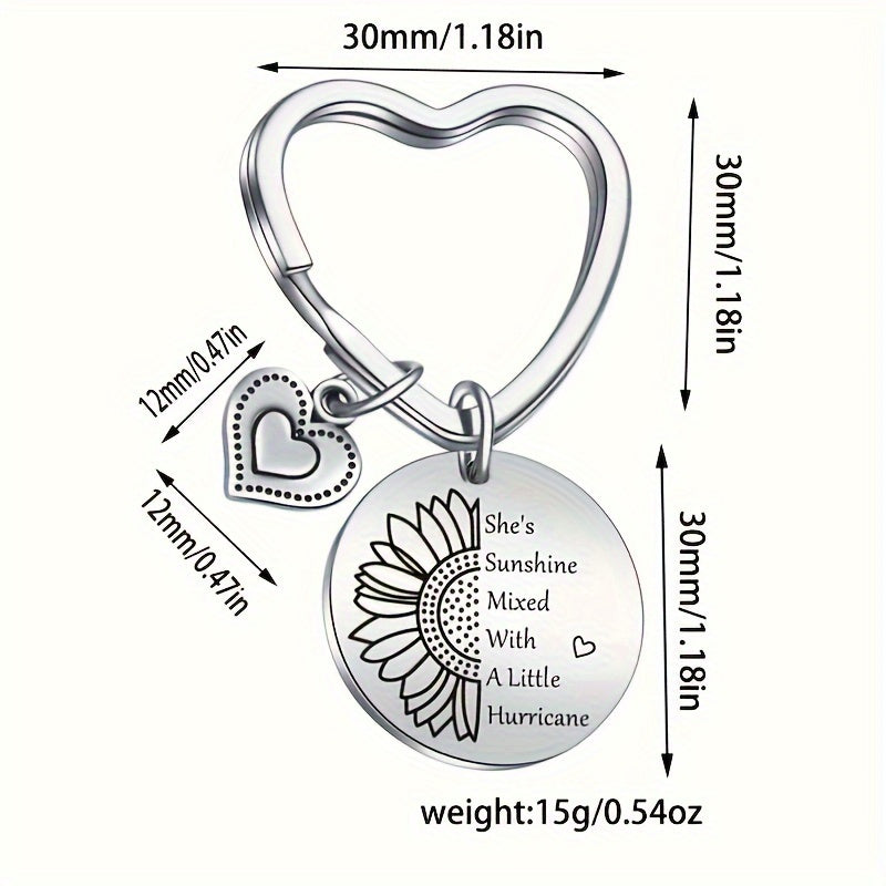 Heart Keychain Engraved Sunflower Inspirational Letter Keyring