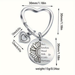 Heart Keychain Engraved Sunflower Inspirational Letter Keyring